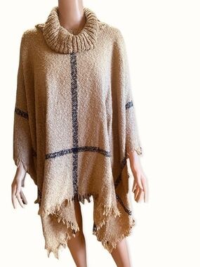Cozy Camel & Black Cowl-Neck Poncho Sweater with Fringe